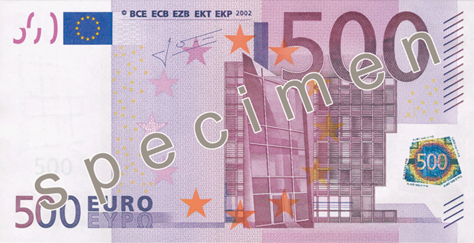 Dieses Werk stellt eine Abbildung einer durch die Europäische Zentralbank (EZB) herausgegebenen Banknote dar. Das graphische Design ist durch die EZB urheberrechtlich geschützt, „darf [jedoch] ohne vorherige Genehmigung der EZB verwendet werden [...], solange Reproduktionen in der Werbung oder in Illustrationen nicht mit echten Banknoten verwechselt werden können.“ (EZB/2003/4 und EZB/2003/5 vom 20. März 2003)