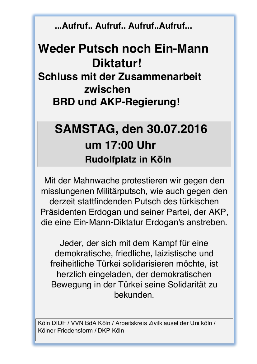 Mahn­wa­che gegen die Zusam­men­ar­beit zwi­schen BRD und AKP-Regierung!
