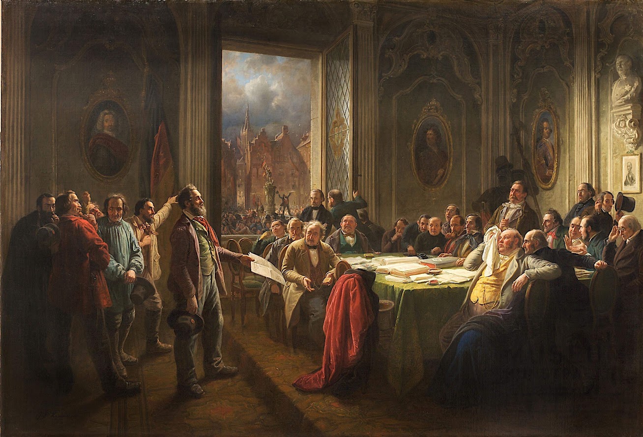 Ereignis vom 9. Oktober 1848 in und vor dem Düsseldorfer Rathaus: „Bitte um Arbeit“. Der Maler Johann Peter Hasenclever (1810-1853) hat sie im Bild „Arbeiter vor dem Magistrat“ (1849/50) festgehalten.