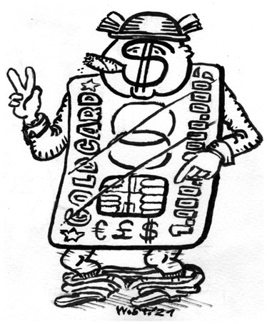 Karikatur. Kreditkartenmännchen mit großen Zahlen, Dollar-Zeichen, Chip etc. und heruntergelassener Hose.